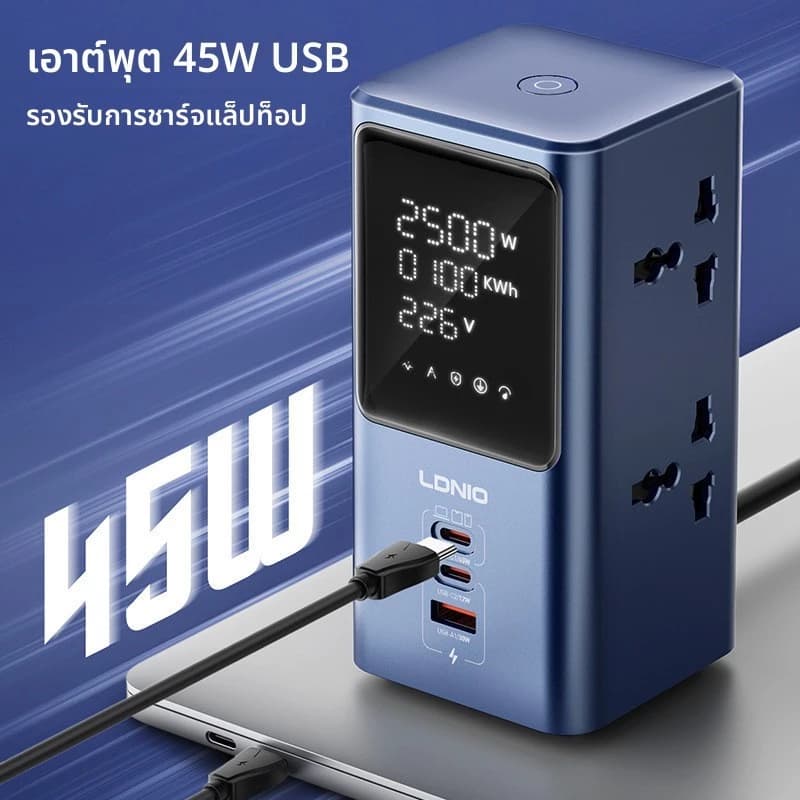 ปลั๊กไฟอัจฉริยะกำลังสูง 2500W พร้อมจอแสดงผล แบบตั้งโต๊ะ หลายช่อง Type-C/USB ใช้สำหรับที่ทำงาน บ้าน และเครื่องใช้ไฟฟ้าหลากหลายชนิด