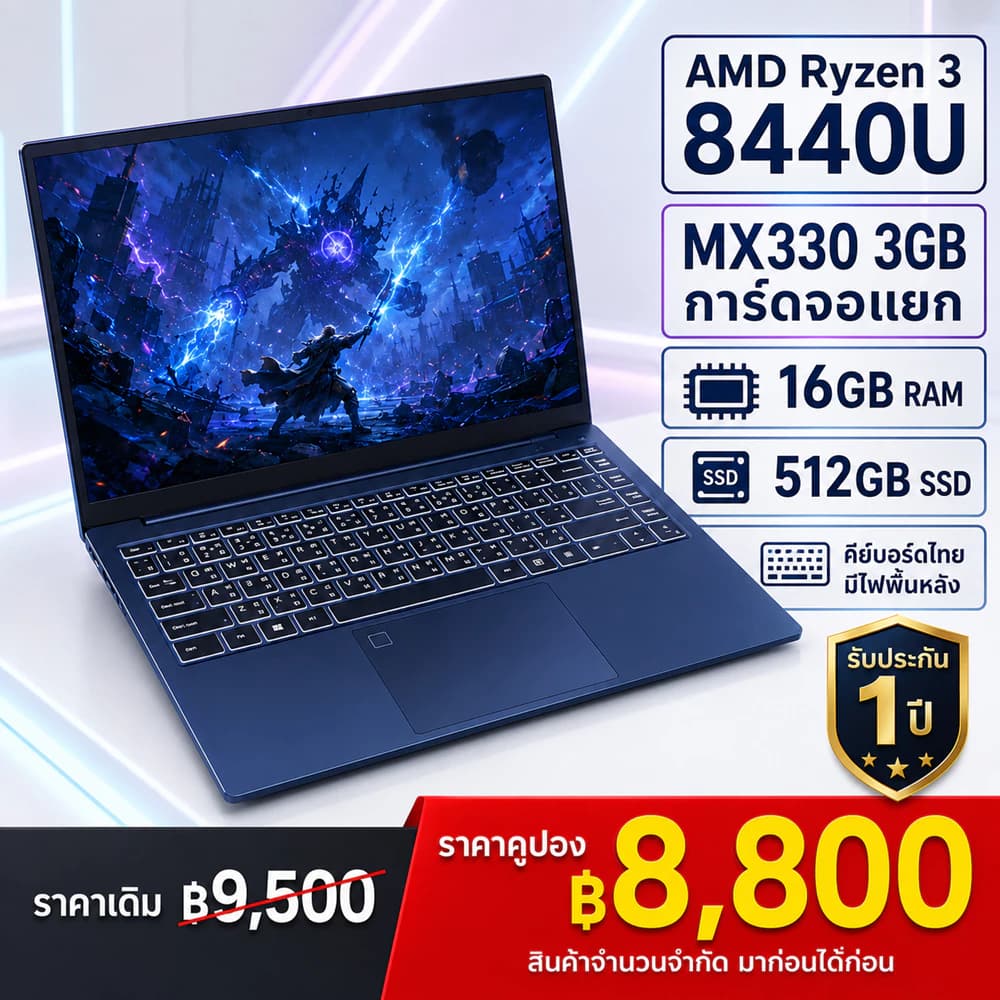 โน้ตบุ๊ก 15.6 นิ้ว พร้อมส่งจากไทย เหมาะสำหรับเรียน ทำงาน และใช้งานทั่วไป RAM 16GB SSD 512GB พร้อมการ์ดจอแยก MX330