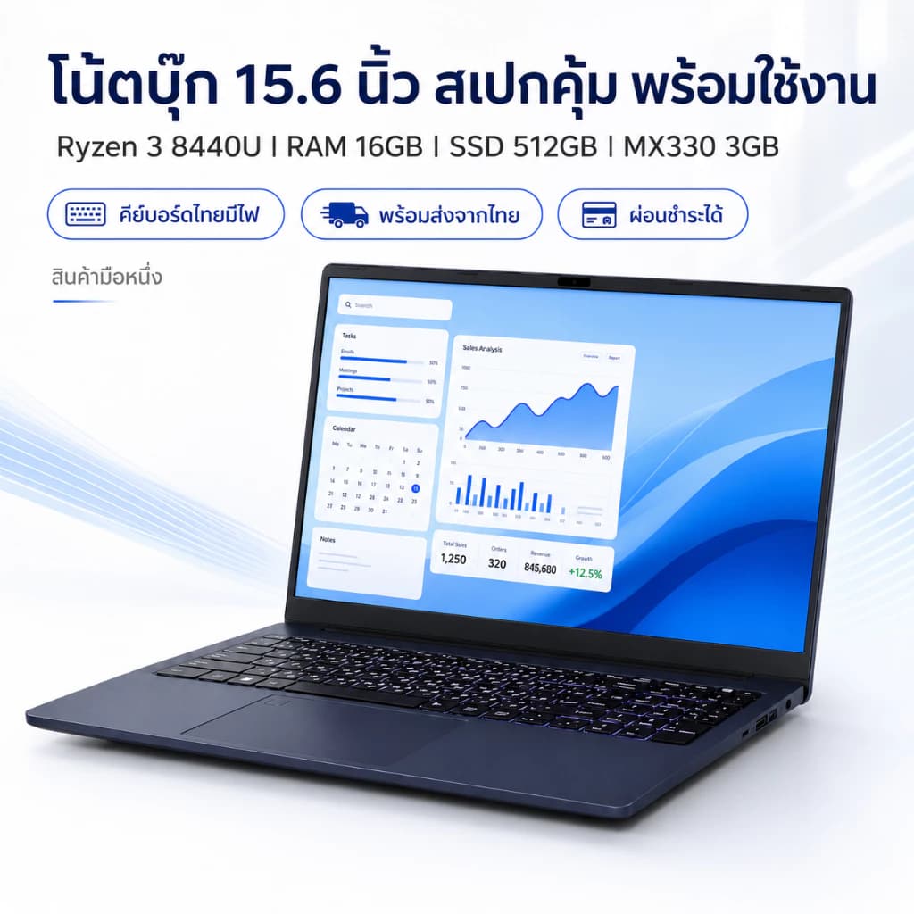 โน้ตบุ๊กพร้อมใช้ Ryzen 3 8440U RAM 16GB SSD 512GB MX330 3GB คีย์บอร์ดไทยมีไฟ สินค้าใหม่ พร้อมส่งจากไทย