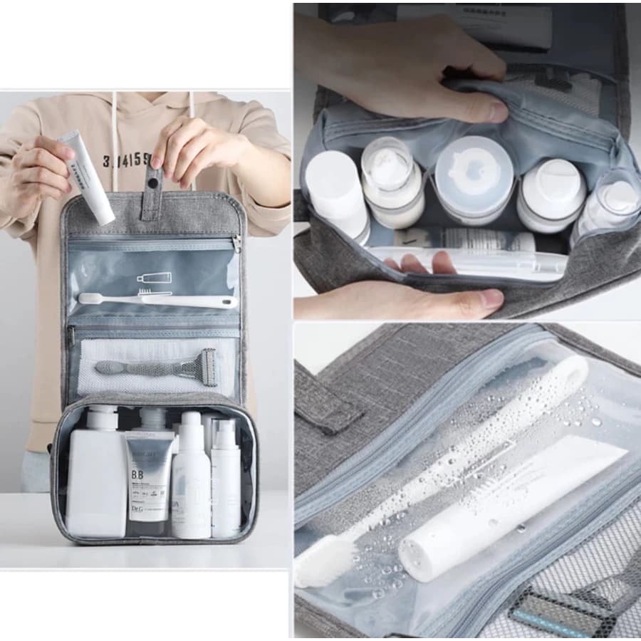 Hanaso กระเป๋าพกพาอาบน้ำสีน้ำเงิน กระเป๋าใส่อุปกรณ์อาบน้ำ Toiletry Bag พกพาสะดวก พับได้ แขวนได้
