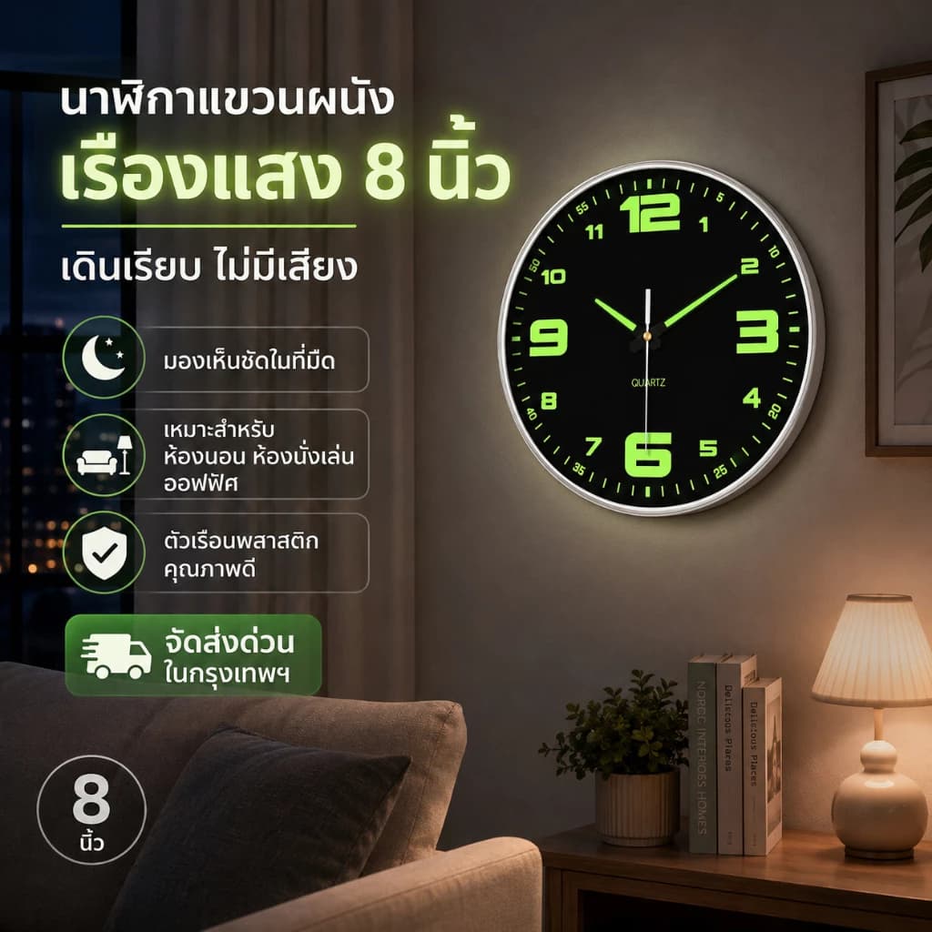 จัดส่งด่วนในกรุงเทพฯ นาฬิกาแขวนผนังเรืองแสง ทรงกลม 8 นิ้ว เดินเรียบไม่มีเสียง เดินลาน ตัวเรือนทำจากพลาสติกคุณภาพดี